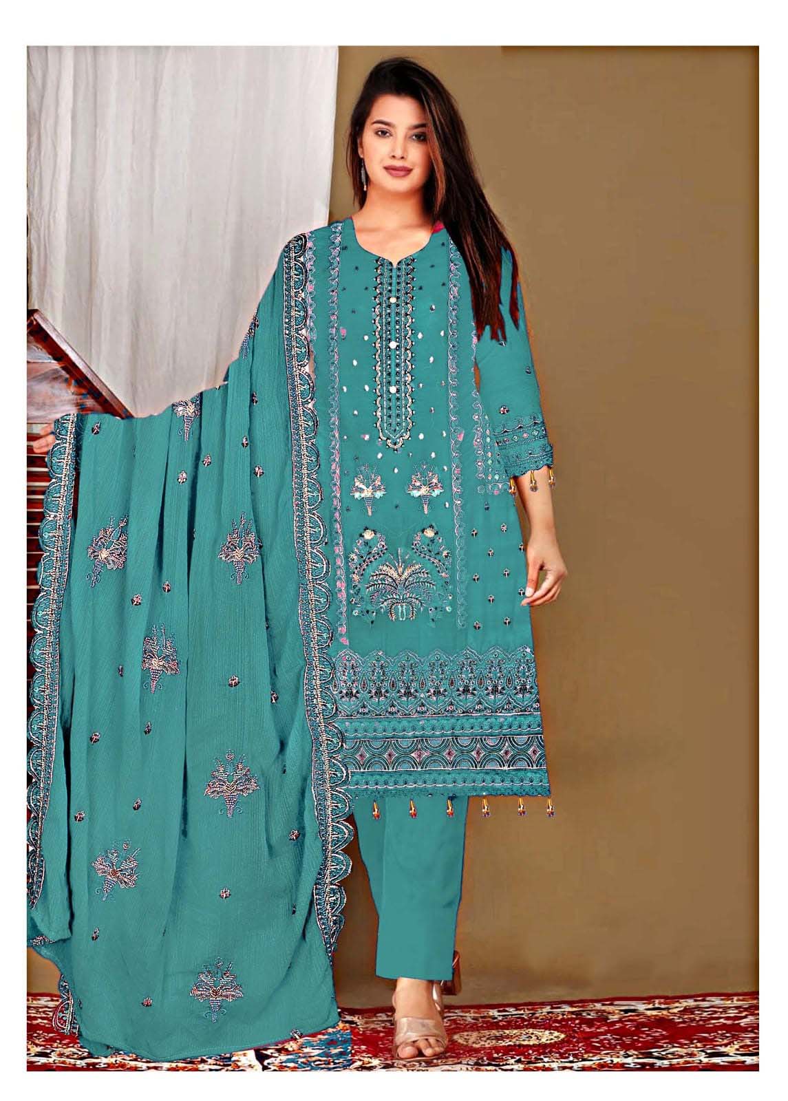 teal-blue   embroidered salwar kameez