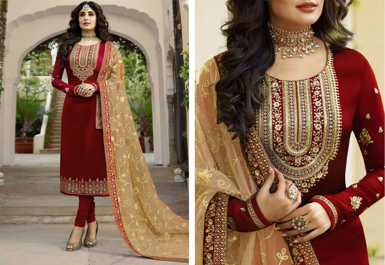 straight-cut kameez with churidar pants and a heavily embroidered dupatta