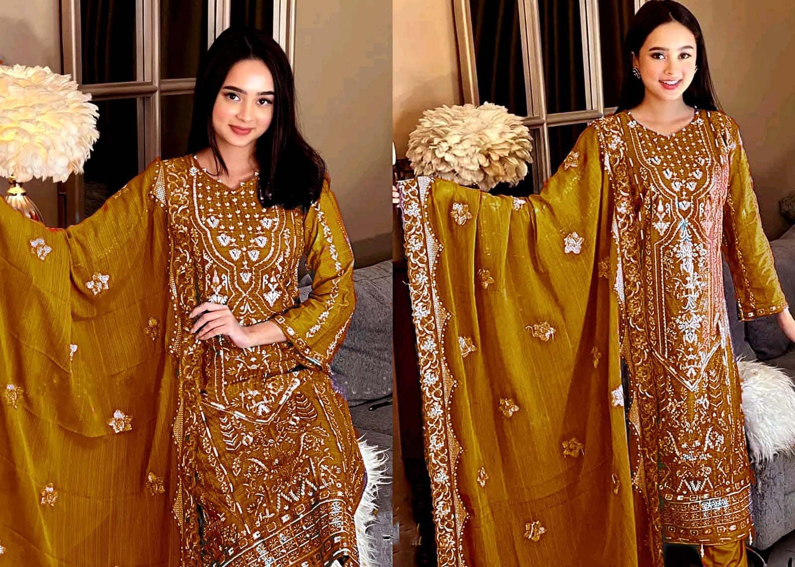 traditional mustard-yellow embroidered salwar kameez