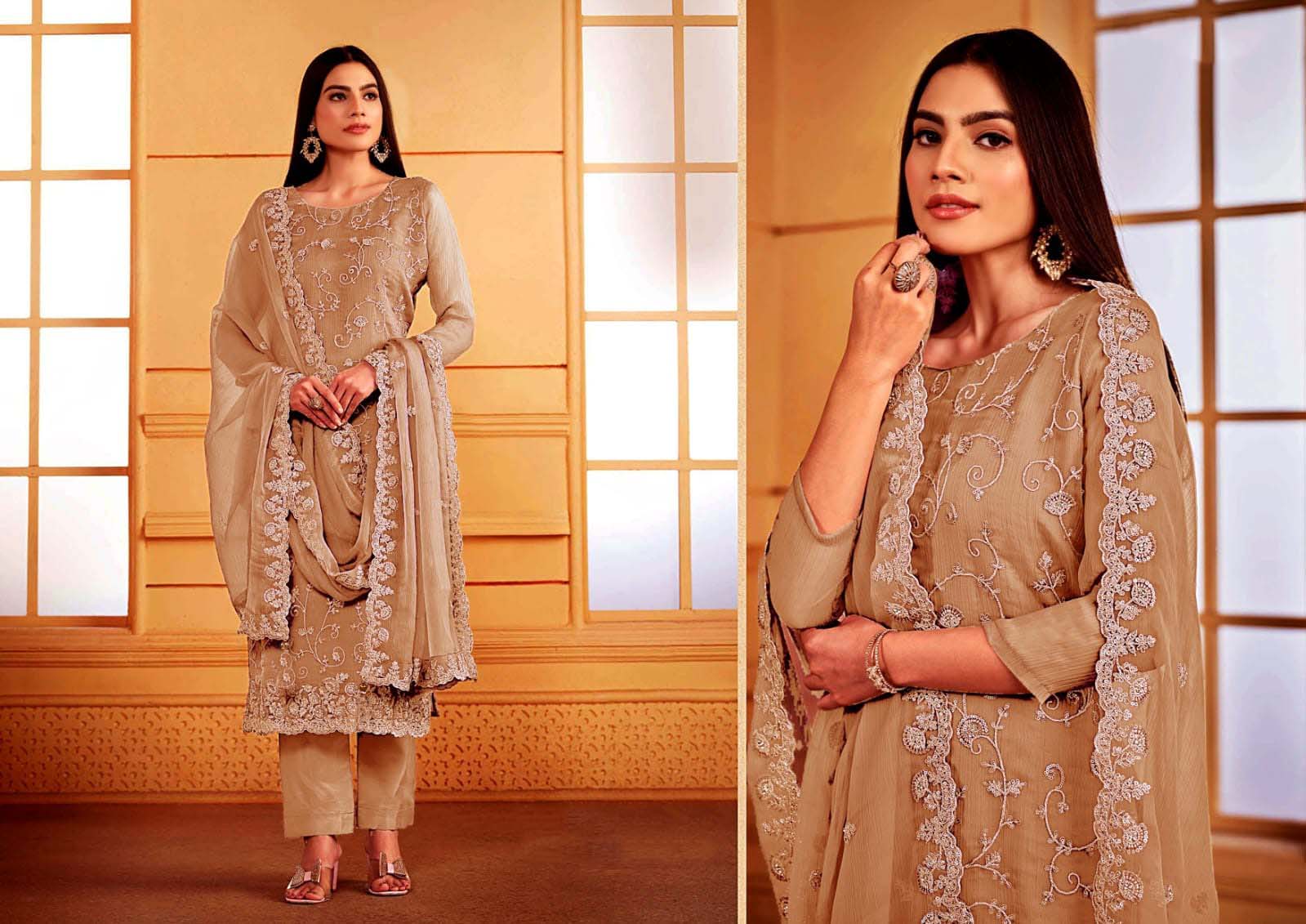 beige embroidered salwar kameez